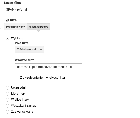 filtr wykluczający spamerskie domeny z Google Analytics