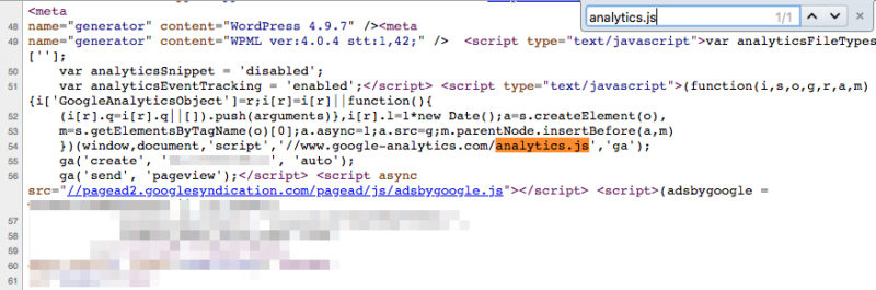 kody śledzący Google Analytics w kodzie źródłowym strony
